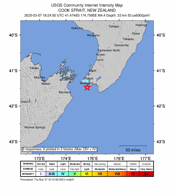 USGS DYFI community-reported intensity map for the M4.4 earthquake near 9 km SSW of Houghton Bay, New Zealand
