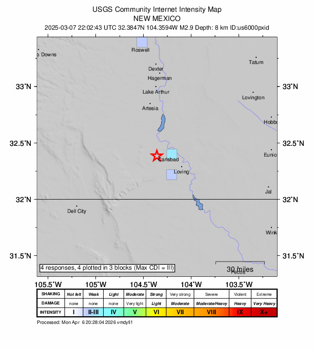 USGS DYFI community-reported intensity map for the M2.9 earthquake near 12 km WSW of Carlsbad, New Mexico