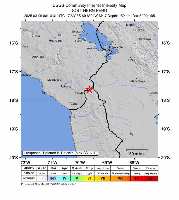 USGS DYFI community-reported intensity map for the M4.7 earthquake near 36 km ENE of Palca, Peru