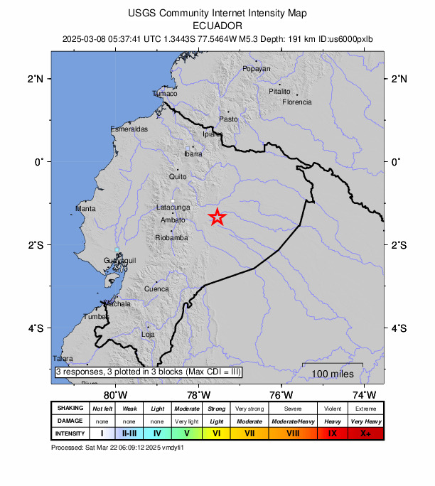 USGS DYFI community-reported intensity map for the M5.3 earthquake near 48 km SE of Tena, Ecuador