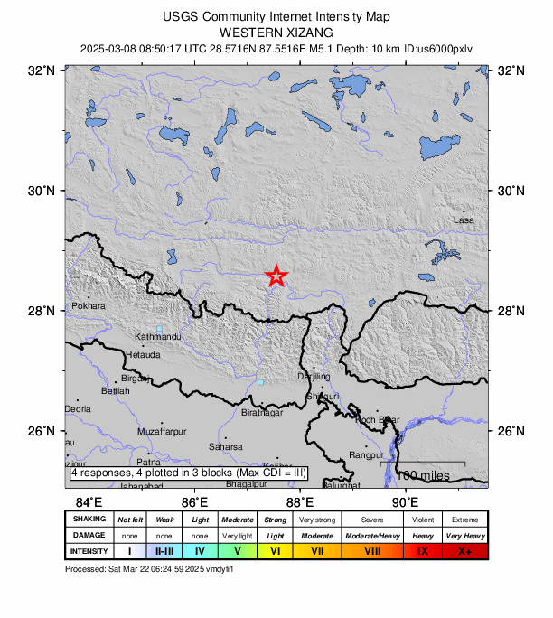 USGS DYFI community-reported intensity map for the M5.0 earthquake near 100 km NE of Lobuche, Nepal