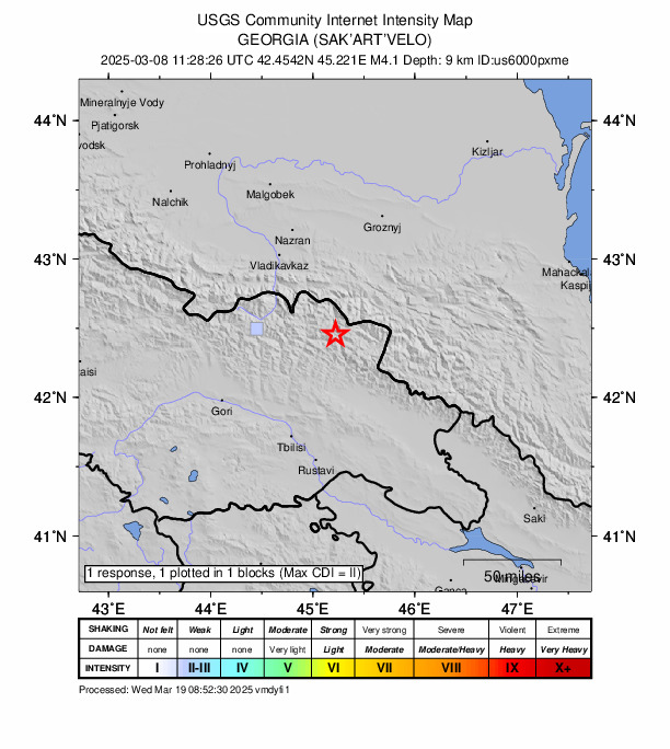 USGS DYFI community-reported intensity map for the M4.1 earthquake near 41 km N of Mat’ani, Georgia