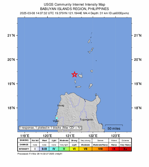 USGS DYFI community-reported intensity map for the M4.4 earthquake near 85 km N of Namuac, Philippines