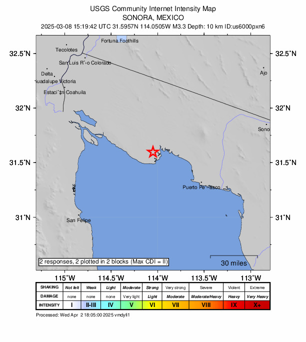 USGS DYFI community-reported intensity map for the M3.4 earthquake near 46 km SE of Golfo de Santa Clara, Mexico