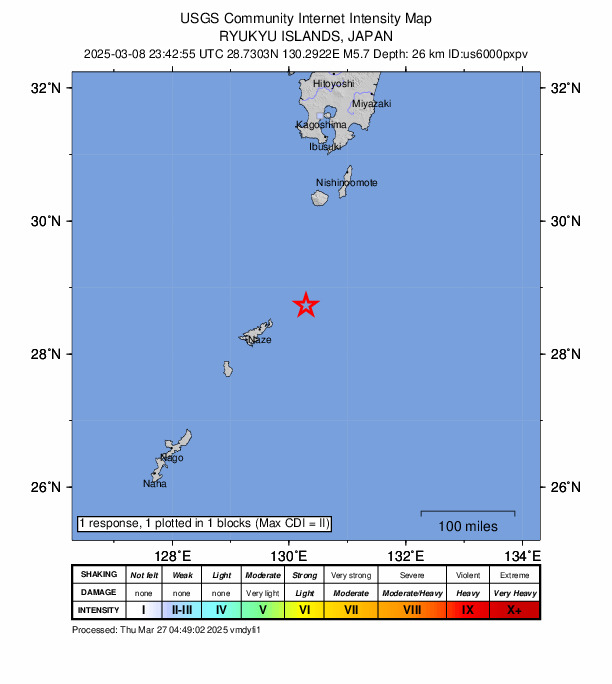 USGS DYFI community-reported intensity map for the M5.7 earthquake near 74 km ENE of Tatsugō, Japan