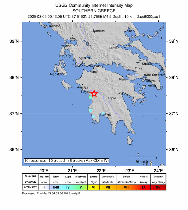 USGS DYFI community-reported intensity map for the M4.9 earthquake near 15 km ENE of Zacháro, Greece