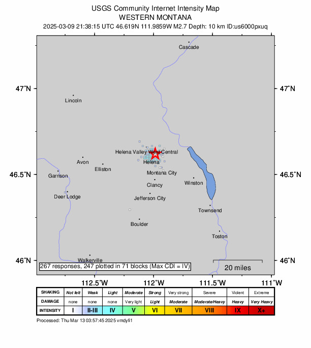 USGS DYFI community-reported intensity map for the M2.7 earthquake near 3 km ENE of Helena, Montana