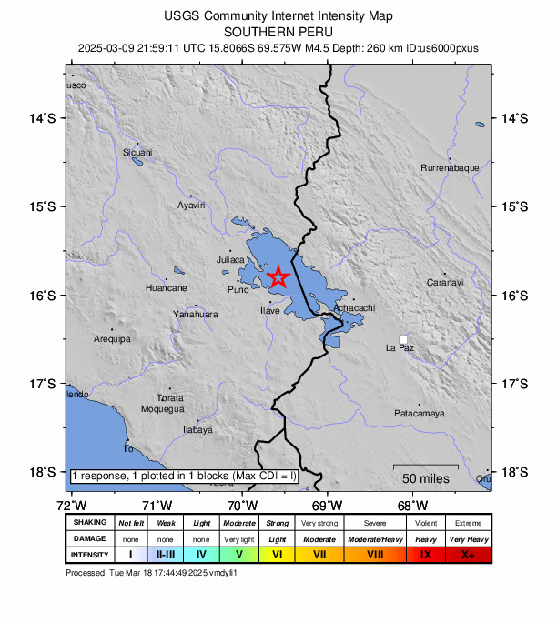 USGS DYFI community-reported intensity map for the M4.5 earthquake near 13 km ESE of Taquile, Peru