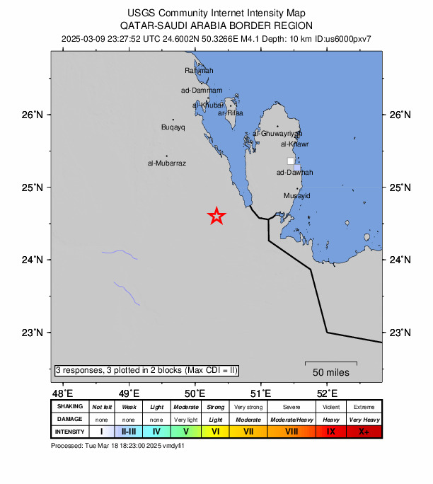 USGS DYFI community-reported intensity map for the M4.1 earthquake near 83 km SW of Umm Bāb, Qatar