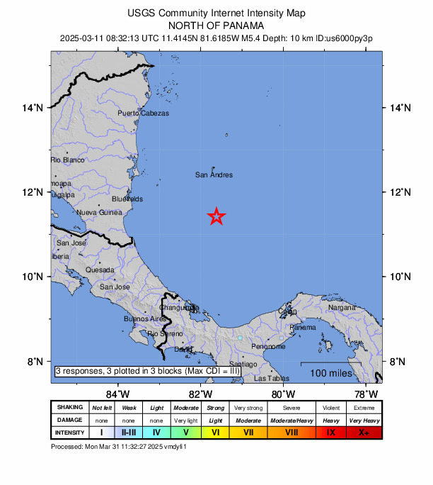 USGS DYFI community-reported intensity map for the M5.4 earthquake near Western Caribbean Sea