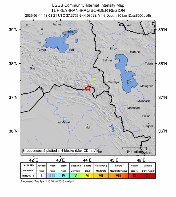 USGS DYFI community-reported intensity map for the M4.6 earthquake near 37 km E of Çukurca, Turkey