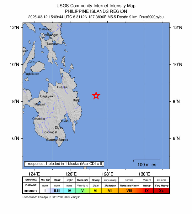 USGS DYFI community-reported intensity map for the M5.5 earthquake near 105 km E of Barcelona, Philippines