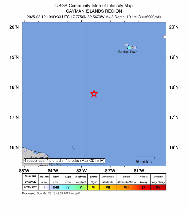 USGS DYFI community-reported intensity map for the M4.3 earthquake near 209 km SW of George Town, Cayman Islands