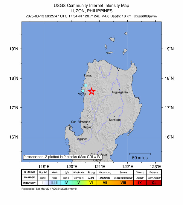 USGS DYFI community-reported intensity map for the M4.6 earthquake near 9 km SE of Tayum, Philippines