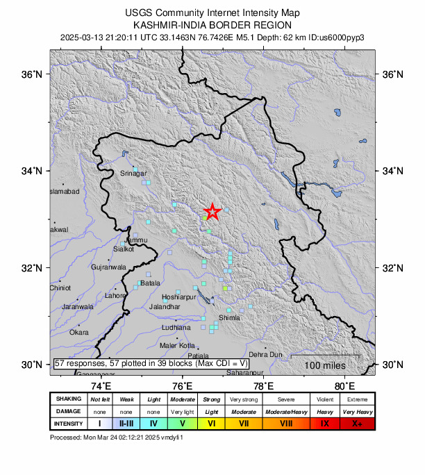 USGS DYFI community-reported intensity map for the M5.1 earthquake near 50 km SSW of Padam, India