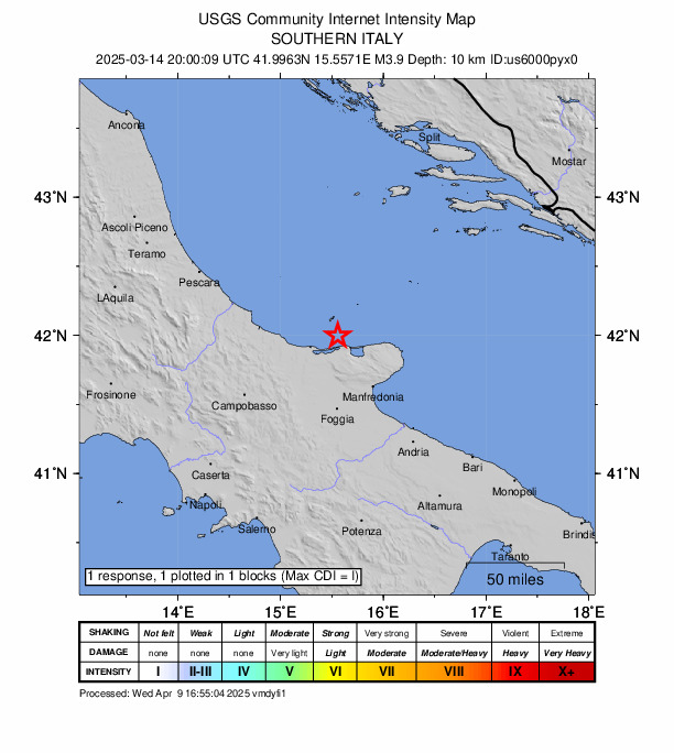 USGS DYFI community-reported intensity map for the M3.9 earthquake near 14 km SSE of Isole Tremiti, Italy