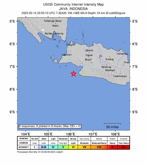 USGS DYFI community-reported intensity map for the M4.9 earthquake near 64 km SW of Pelabuhanratu, Indonesia