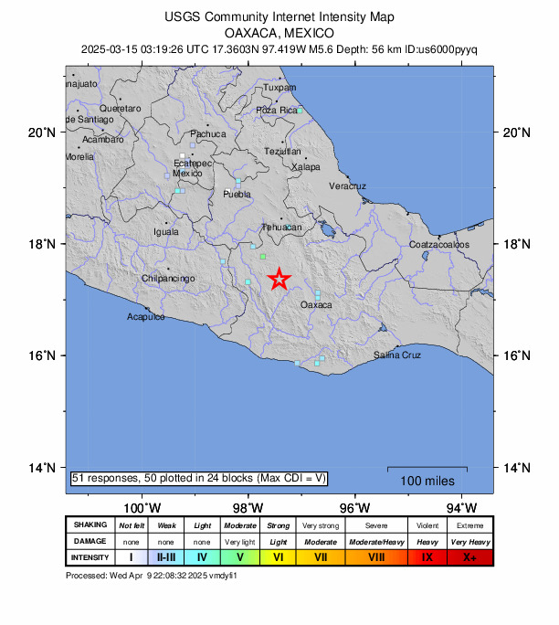 USGS DYFI community-reported intensity map for the M5.6 earthquake near 5 km W of San Pedro Tidaá, Mexico