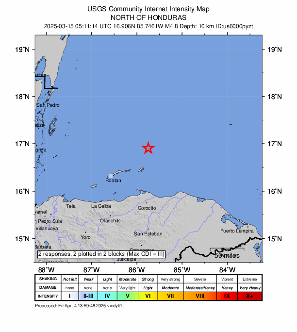 USGS DYFI community-reported intensity map for the M4.8 earthquake near 43 km N of Savannah Bight, Honduras