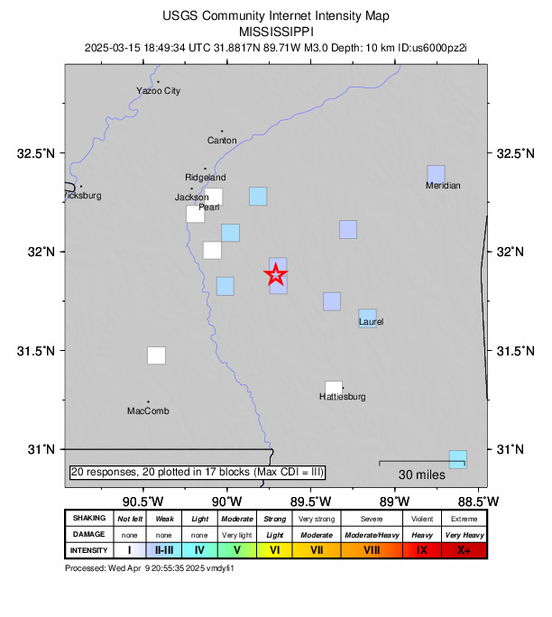 USGS DYFI community-reported intensity map for the M3.0 earthquake near 5 km NNE of Magee, Mississippi