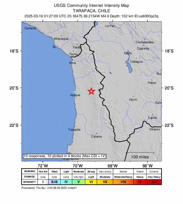 USGS DYFI community-reported intensity map for the M4.8 earthquake near 49 km ENE of La Tirana, Chile