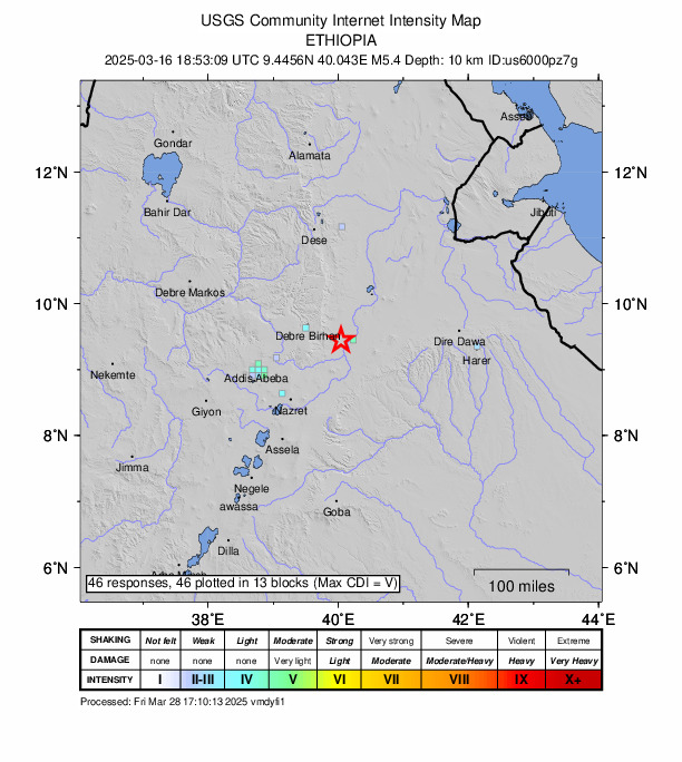 USGS DYFI community-reported intensity map for the M5.4 earthquake near 44 km NNW of Āwash, Ethiopia