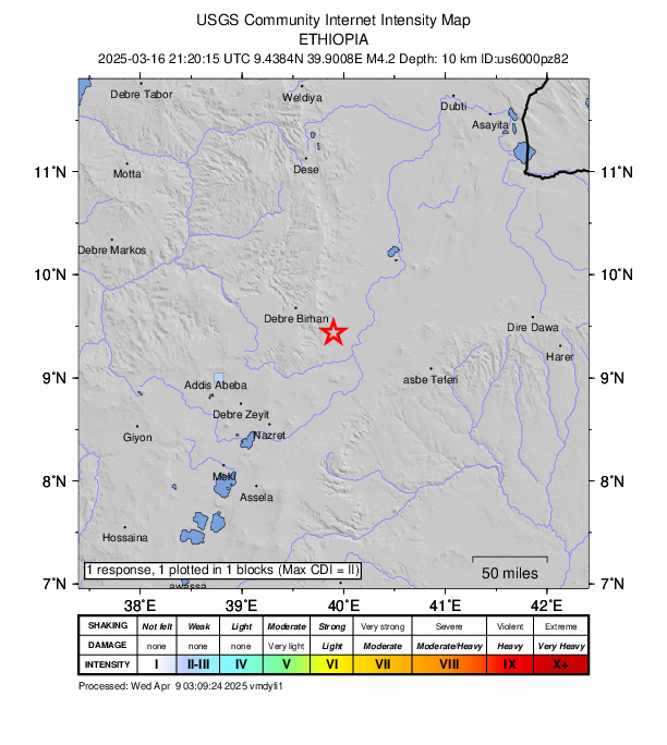 USGS DYFI community-reported intensity map for the M4.2 earthquake near 47 km SSE of Debre Sīna, Ethiopia