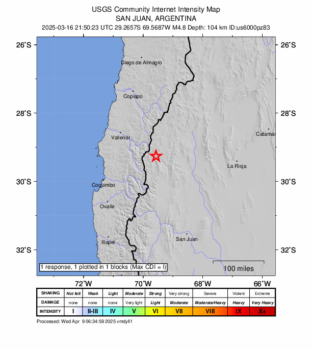 USGS DYFI community-reported intensity map for the M4.8 earthquake near 134 km NW of San José de Jáchal, Argentina