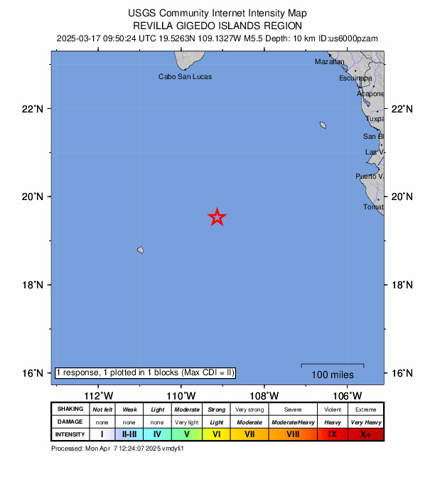 USGS DYFI community-reported intensity map for the M5.5 earthquake near Revilla Gigedo Islands region