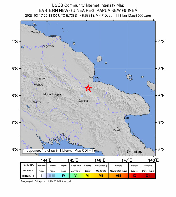 USGS DYFI community-reported intensity map for the M4.7 earthquake near 43 km NNE of Goroka, Papua New Guinea