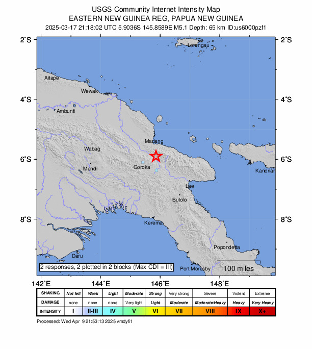 USGS DYFI community-reported intensity map for the M5.1 earthquake near 42 km N of Kainantu, Papua New Guinea