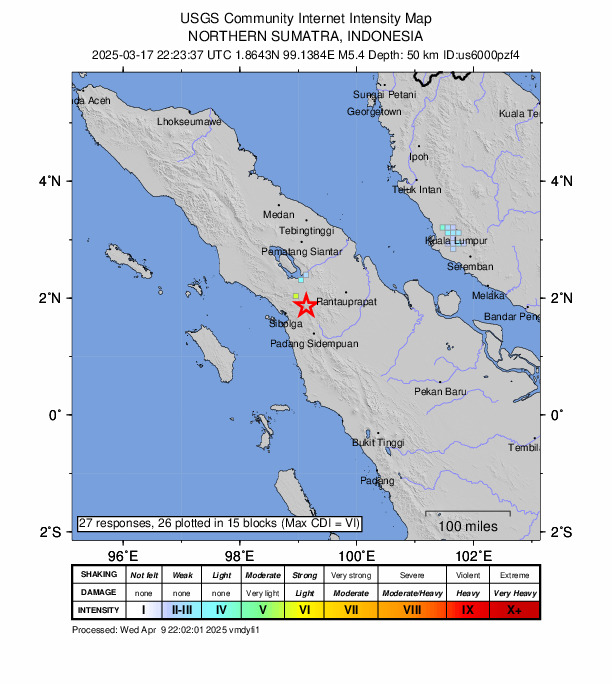 USGS DYFI community-reported intensity map for the M5.4 earthquake near 41 km ENE of Sibolga, Indonesia