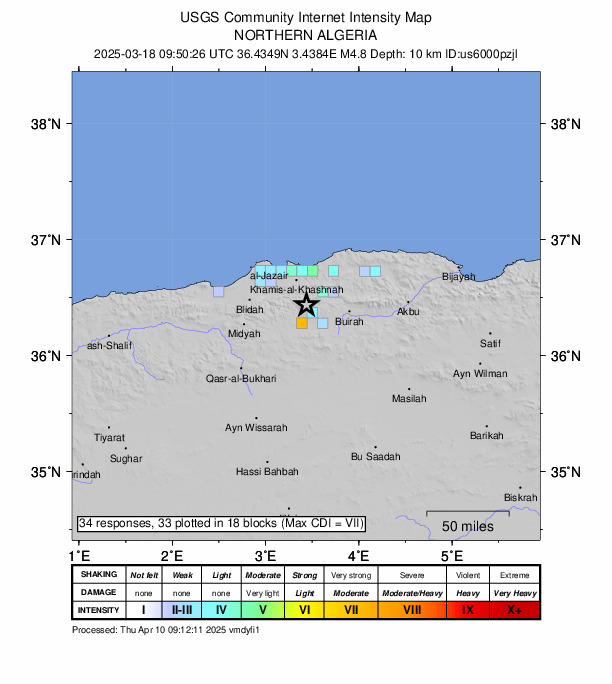 USGS DYFI community-reported intensity map for the M4.8 earthquake near 19 km SW of Lakhdaria, Algeria