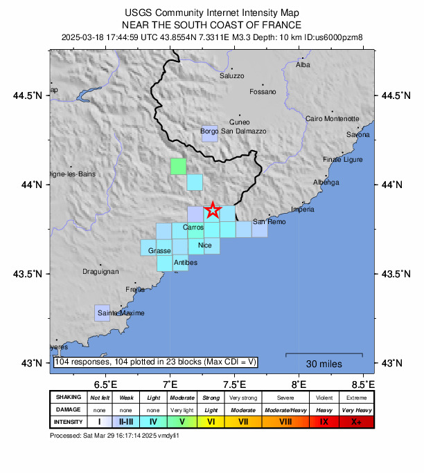 USGS DYFI community-reported intensity map for the M3.3 earthquake near 2 km N of Berre-les-Alpes, France