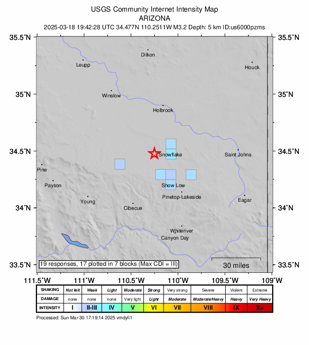 USGS DYFI community-reported intensity map for the M3.2 earthquake near 13 km NNE of Clay Springs, Arizona