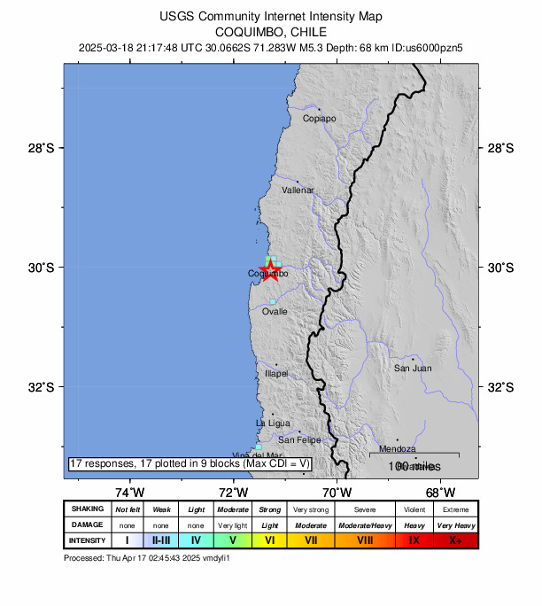 USGS DYFI community-reported intensity map for the M5.3 earthquake near 13 km SSE of Coquimbo, Chile