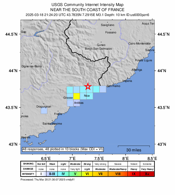 USGS DYFI community-reported intensity map for the M3.1 earthquake near 1 km ESE of Tourrette-Levens, France
