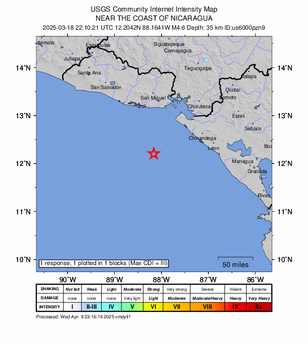 USGS DYFI community-reported intensity map for the M4.6 earthquake near 97 km SW of Jiquilillo, Nicaragua