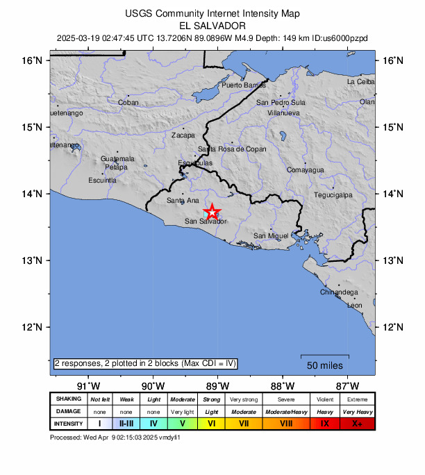 USGS DYFI community-reported intensity map for the M4.9 earthquake near 2 km NE of Ilopango, El Salvador