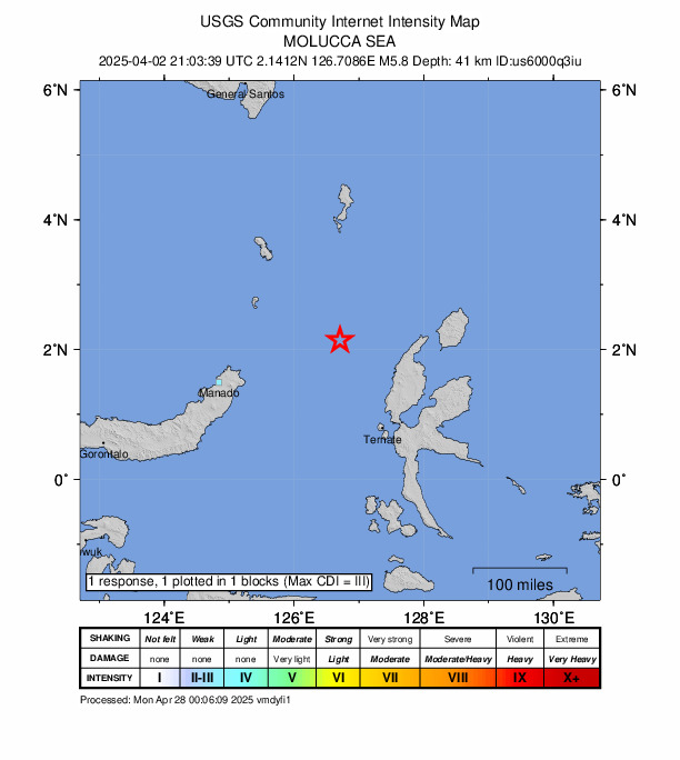 USGS DYFI community-reported intensity map for the M5.8 earthquake near 149 km WNW of Tobelo, Indonesia