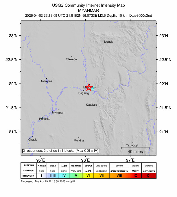 USGS DYFI community-reported intensity map for the M3.5 earthquake near 6 km S of Mandalay, Burma (Myanmar)
