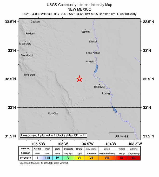 USGS DYFI community-reported intensity map for the M3.3 earthquake near 35 km SSE of Hope, New Mexico