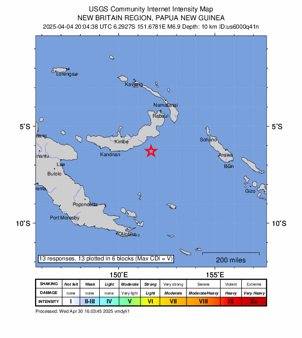 USGS DYFI community-reported intensity map for the M6.9 earthquake near 184 km ESE of Kimbe, Papua New Guinea
