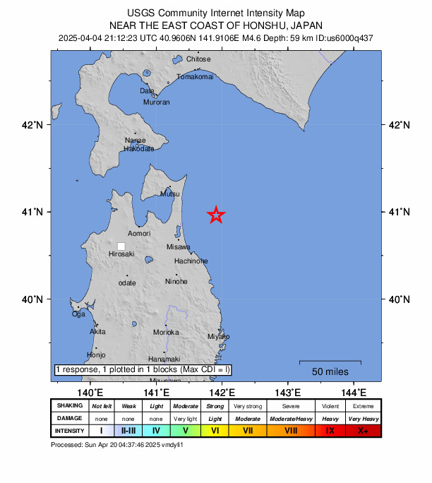 USGS DYFI community-reported intensity map for the M4.6 earthquake near 53 km NE of Misawa, Japan