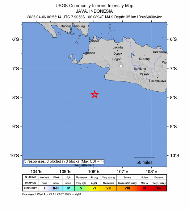 USGS DYFI community-reported intensity map for the M4.9 earthquake near 116 km SSW of Pelabuhanratu, Indonesia