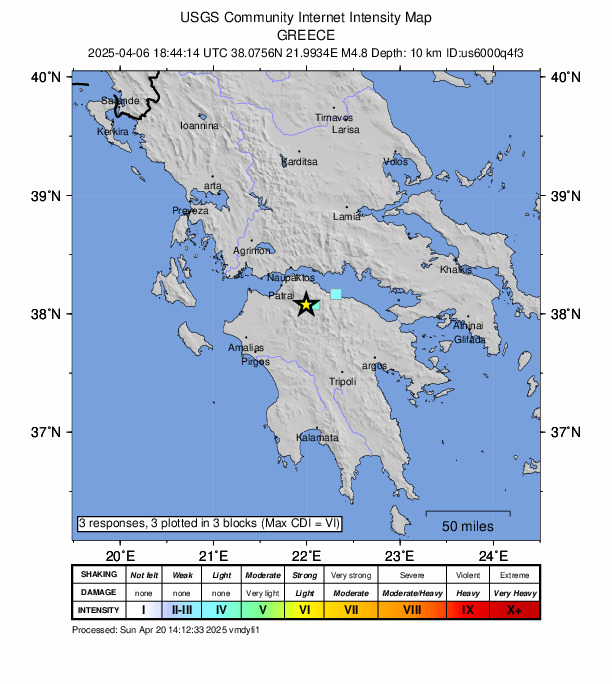 USGS DYFI community-reported intensity map for the M4.4 earthquake near 10 km WNW of Kalávryta, Greece