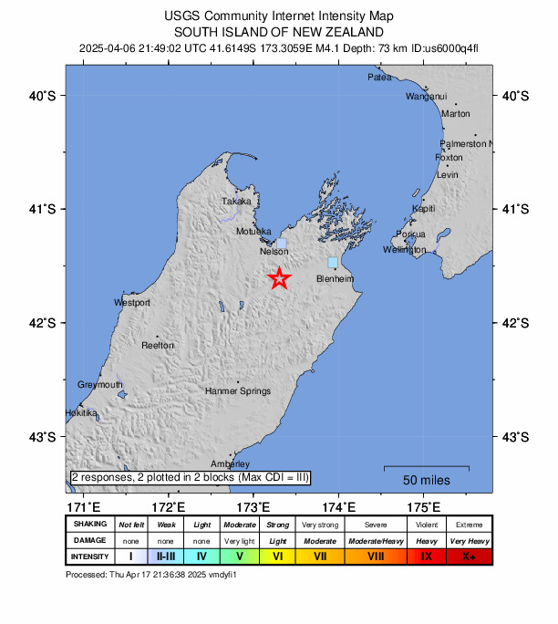 USGS DYFI community-reported intensity map for the M4.1 earthquake near 19 km WSW of Wairau Valley, New Zealand