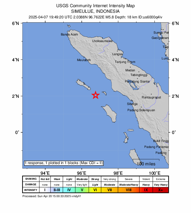 USGS DYFI community-reported intensity map for the M5.8 earthquake near 64 km SE of Sinabang, Indonesia
