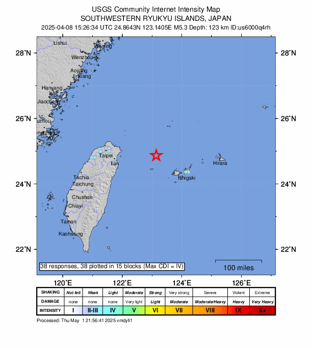 USGS DYFI community-reported intensity map for the M5.3 earthquake near 46 km NNE of Yonakuni, Japan