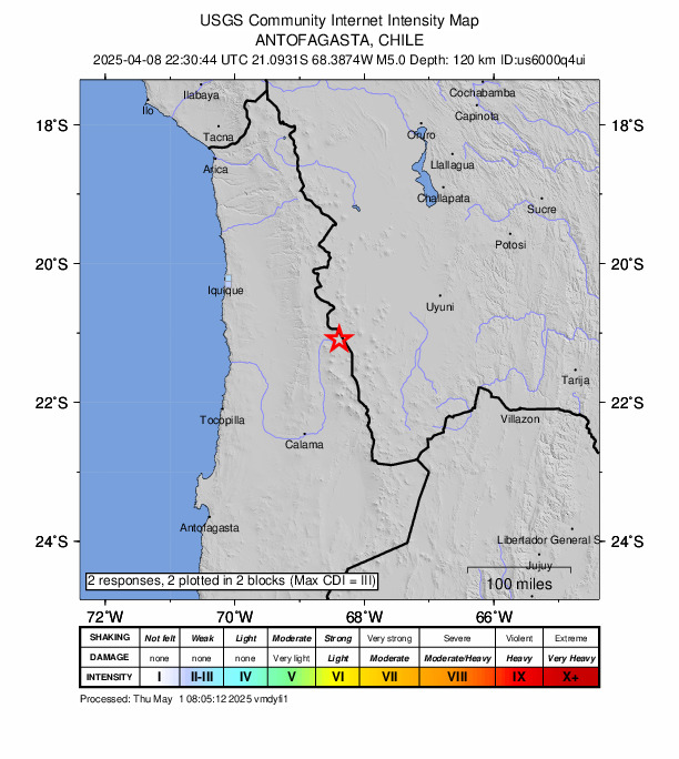 USGS DYFI community-reported intensity map for the M5.0 earthquake near 20 km NW of Ollagüe, Chile